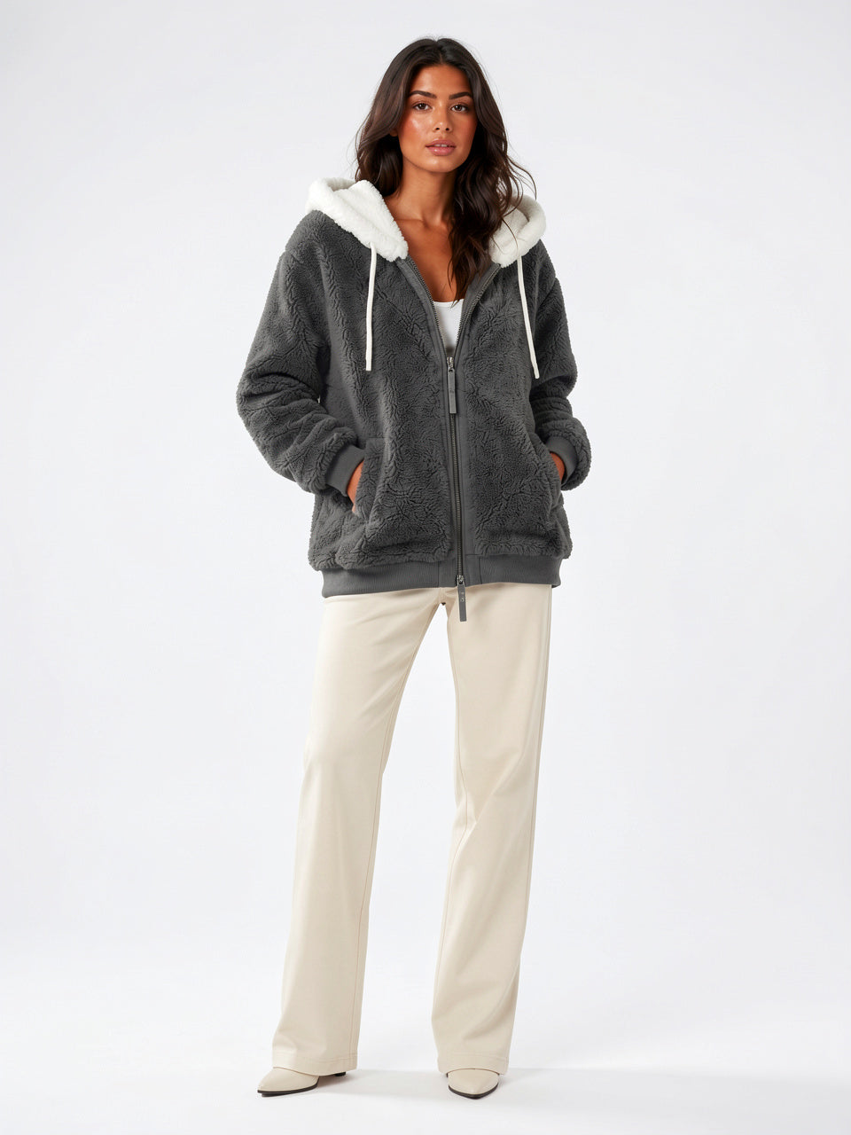 Sweat Hoodie Polaire Sherpa Zippée Femme Doublure Contraste - Gris Foncé S