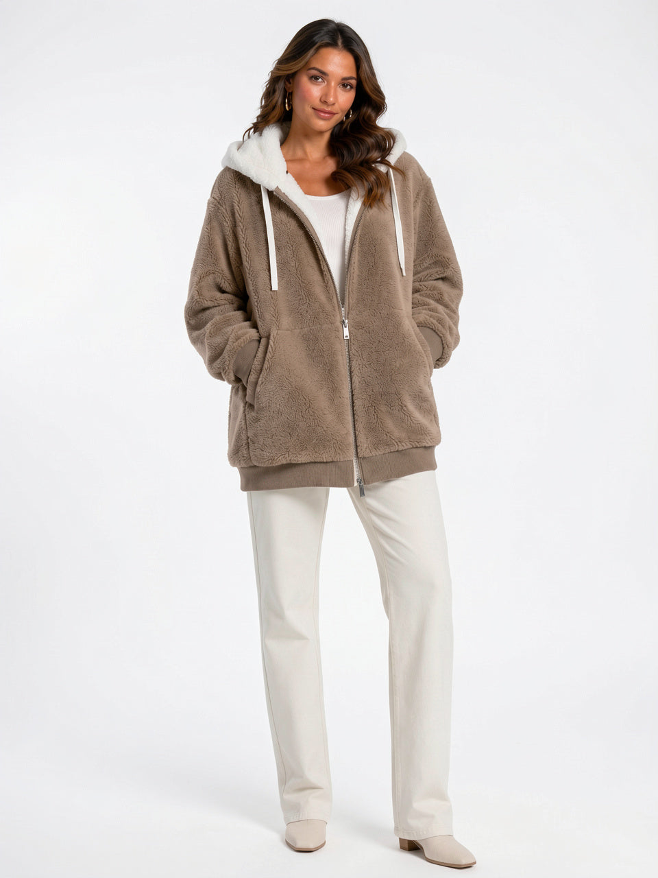 Sweat Hoodie Polaire Sherpa Zippée Femme Doublure Contraste - Marron S