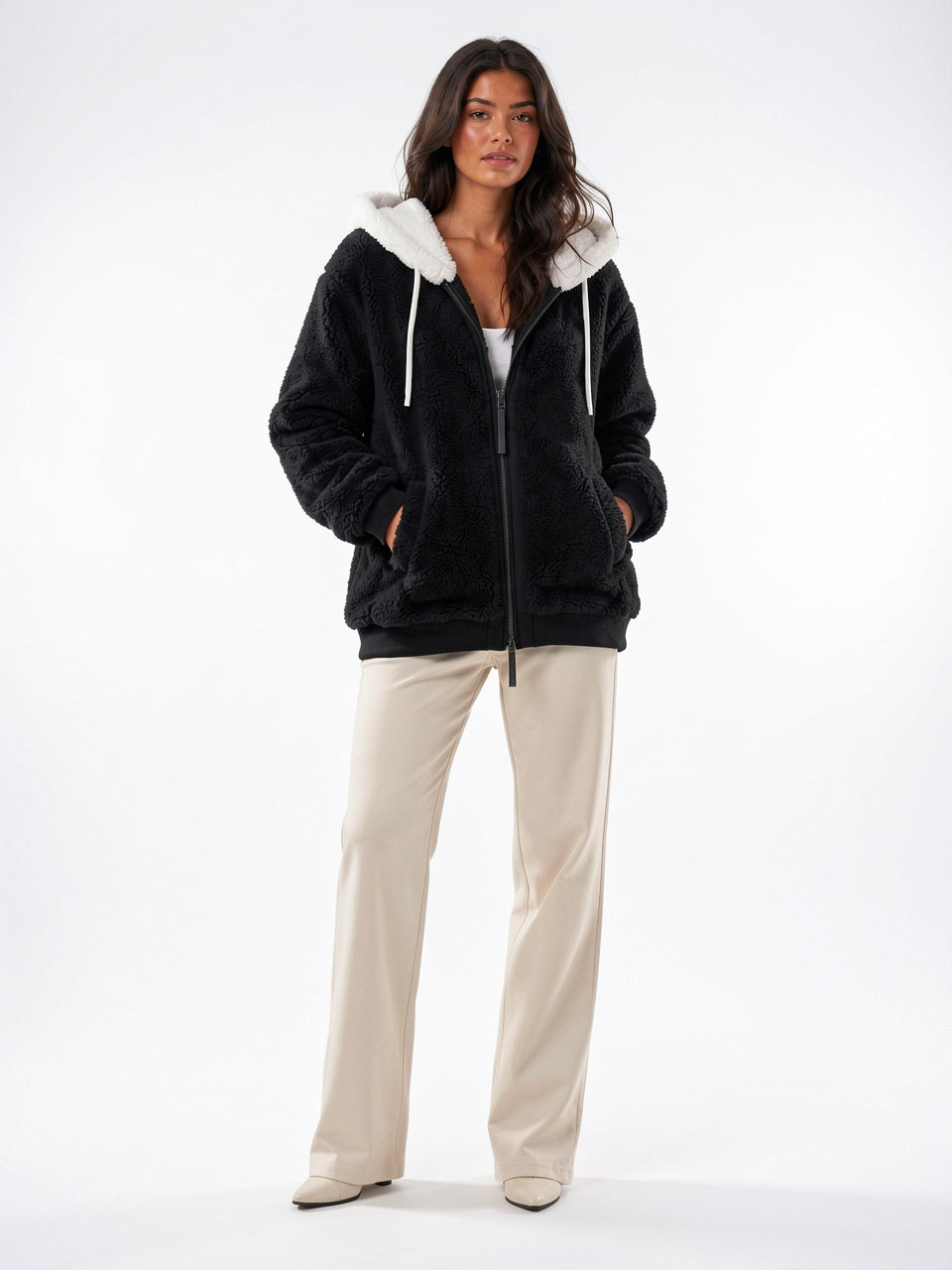 Sweat Hoodie Polaire Sherpa Zippée Femme Doublure Contraste - Noir S