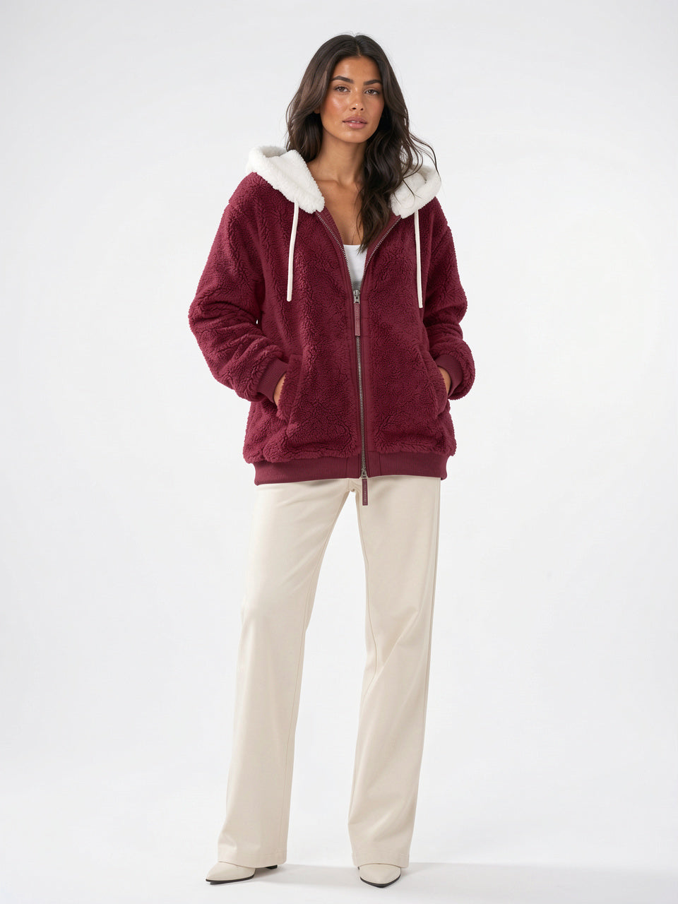 Sweat Hoodie Polaire Sherpa Zippée Femme Doublure Contraste - Rouge S