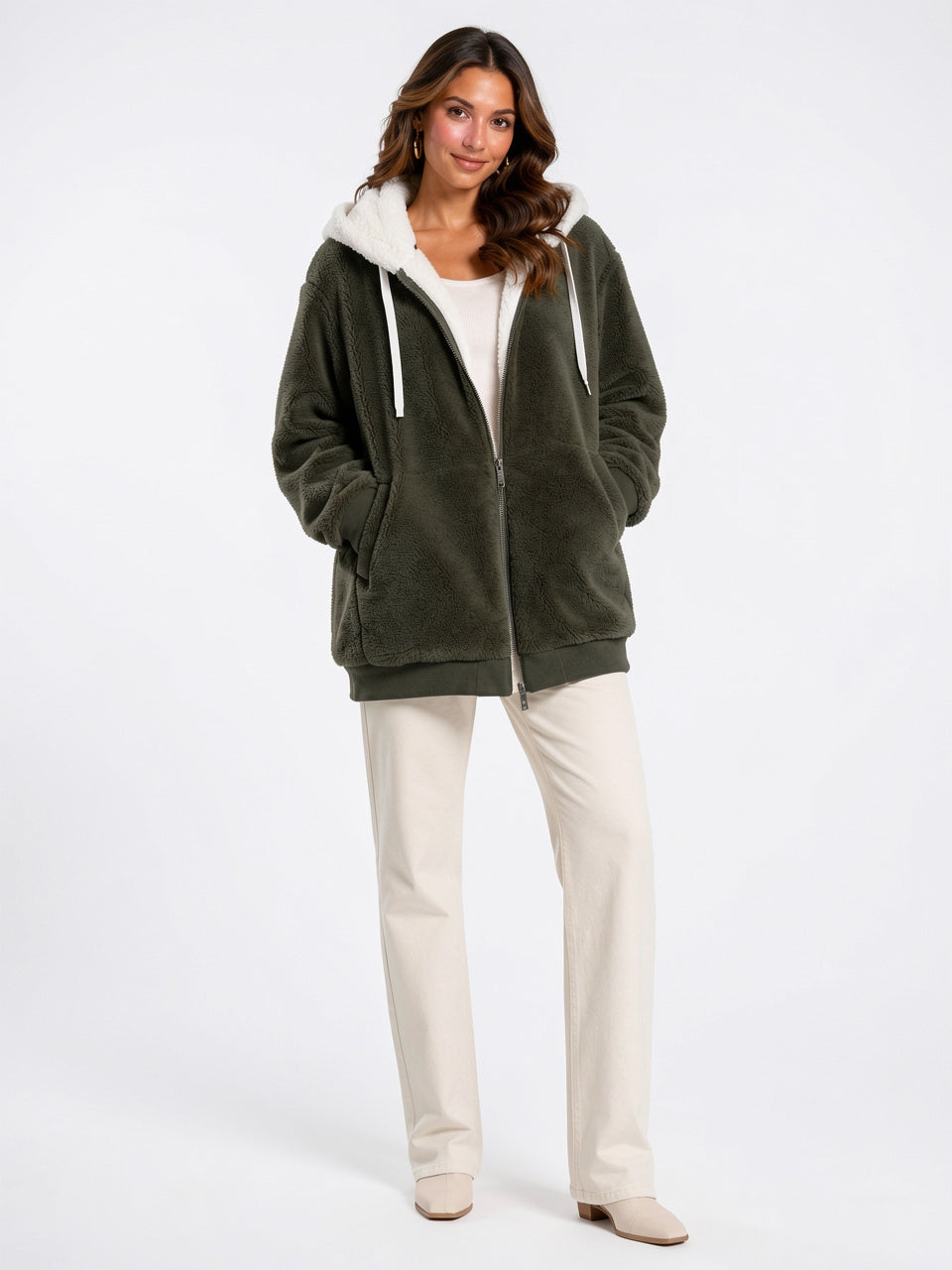 Sweat Hoodie Polaire Sherpa Zippée Femme Doublure Contraste - Vert Foncé S
