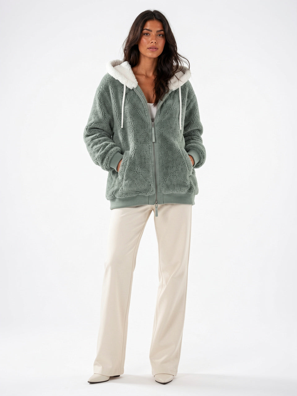 Sweat Hoodie Polaire Sherpa Zippée Femme Doublure Contraste - Vert S