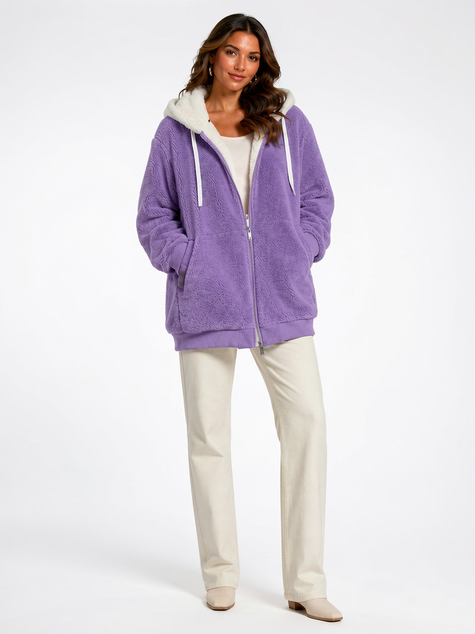 Sweat Hoodie Polaire Sherpa Zippée Femme Doublure Contraste - Violet S