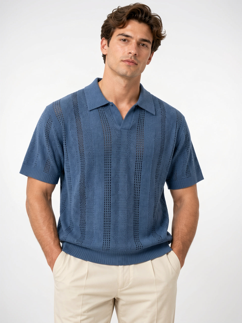 T-Shirt Maille Texturée Manches Courtes Col Style Décontracté - Bleu M