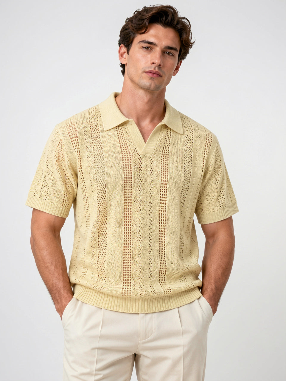 T-Shirt Maille Texturée Manches Courtes Col Style Décontracté - Jaune M