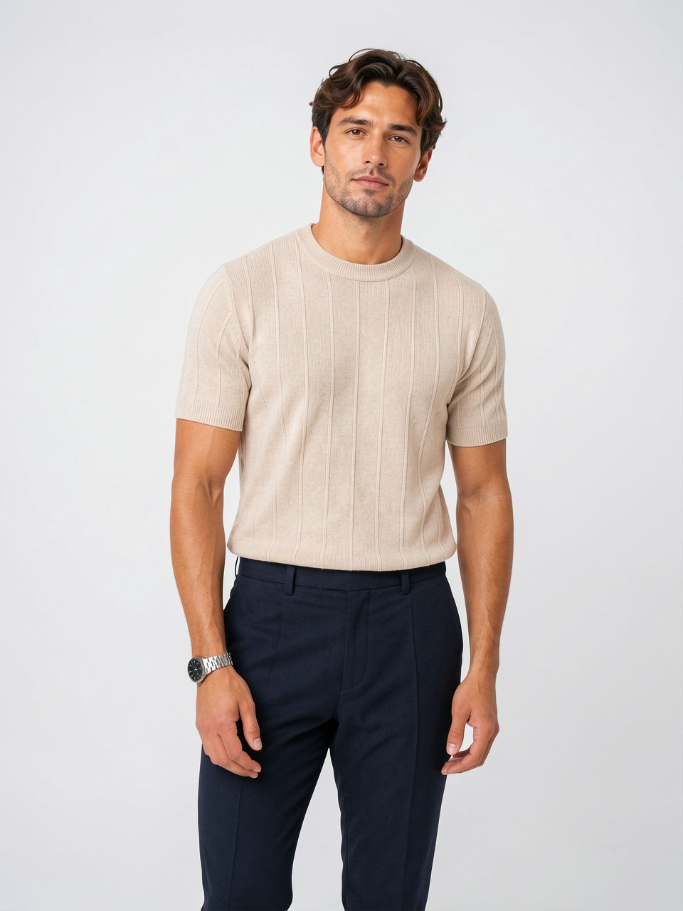 T-Shirt Tricot Homme Col Rond Ajusté Léger Été - Beige S