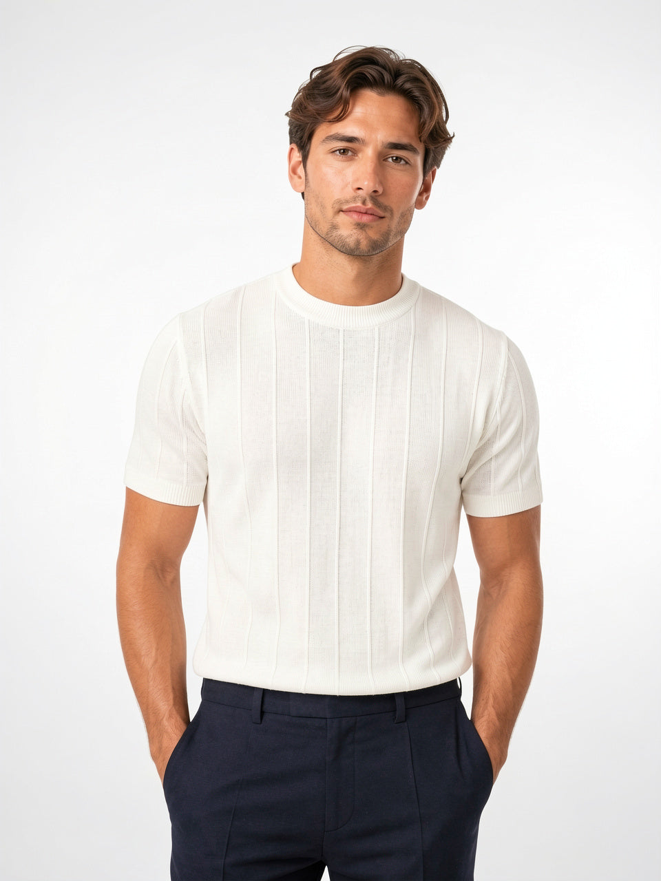 T-Shirt Tricot Homme Col Rond Ajusté Léger Été - Blanc S