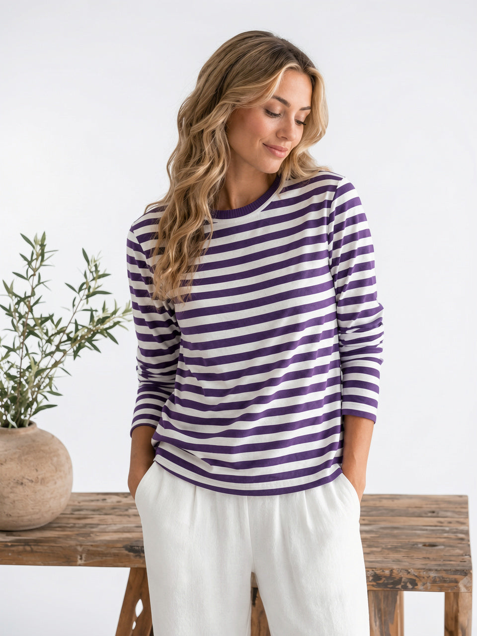 Top Tricot Rayée Femme Manches Longues Col Rond - Style A XS
