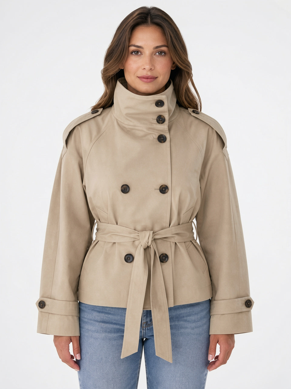 Trench Court Femme Ceinture Double Boutons Col Entonnoir - Beige XS