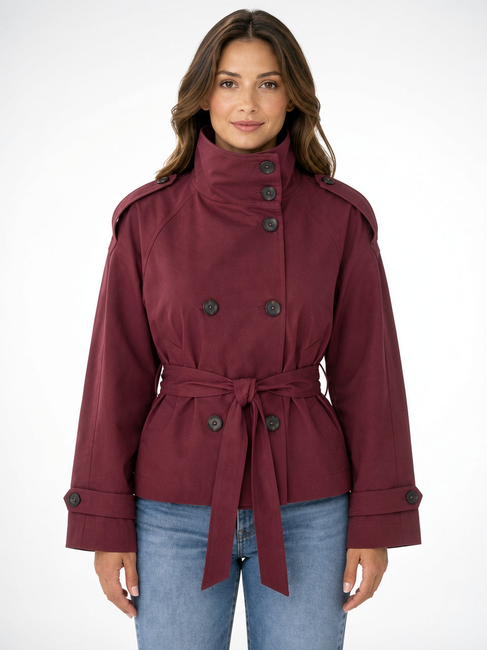 Trench Court Femme Ceinture Double Boutons Col Entonnoir - Bordeaux XS