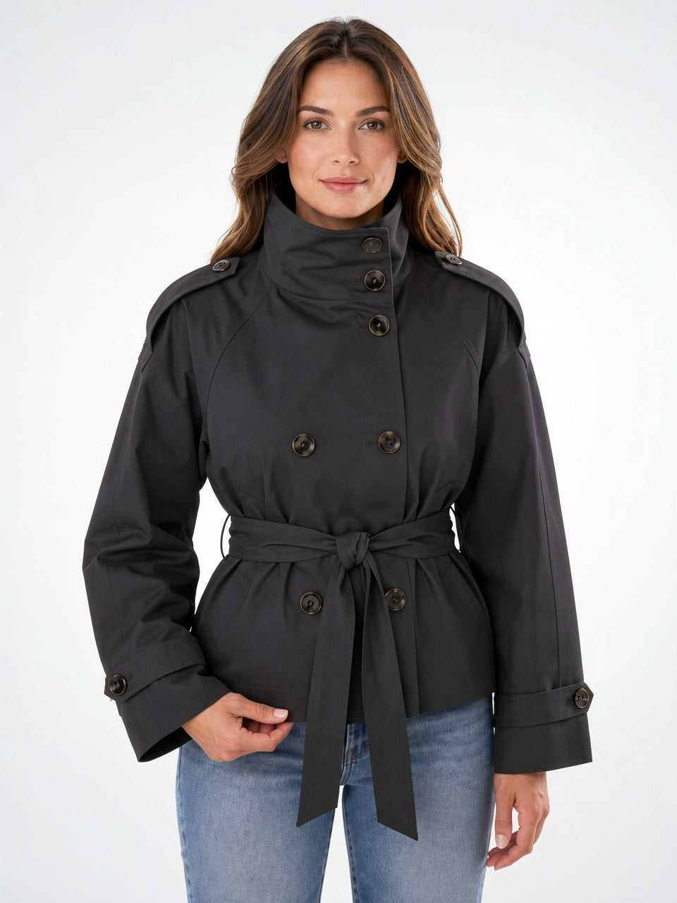 Trench Court Femme Ceinture Double Boutons Col Entonnoir - Noir XS
