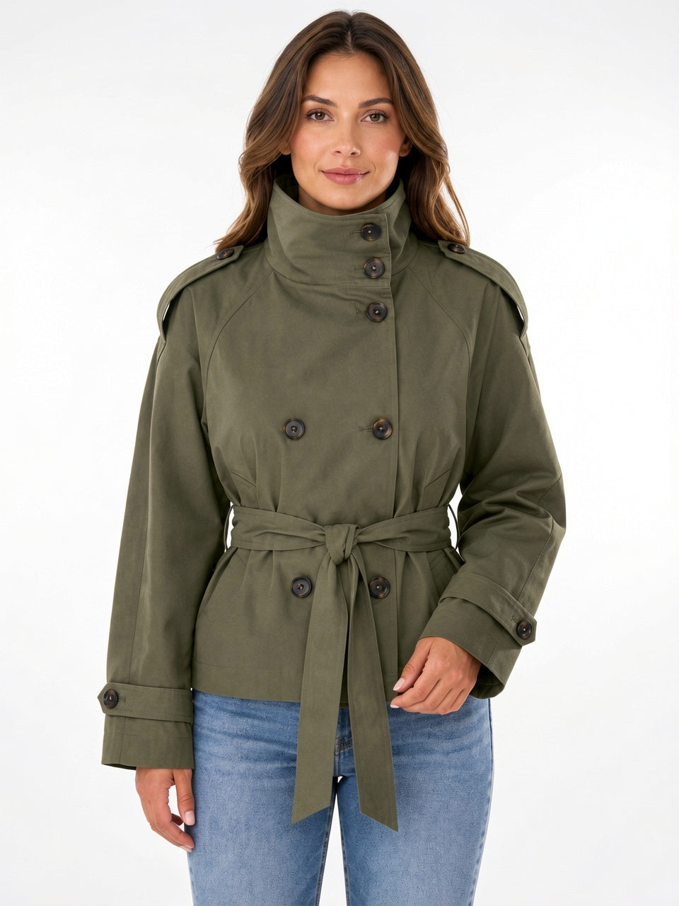 Trench Court Femme Ceinture Double Boutons Col Entonnoir - Vert XS