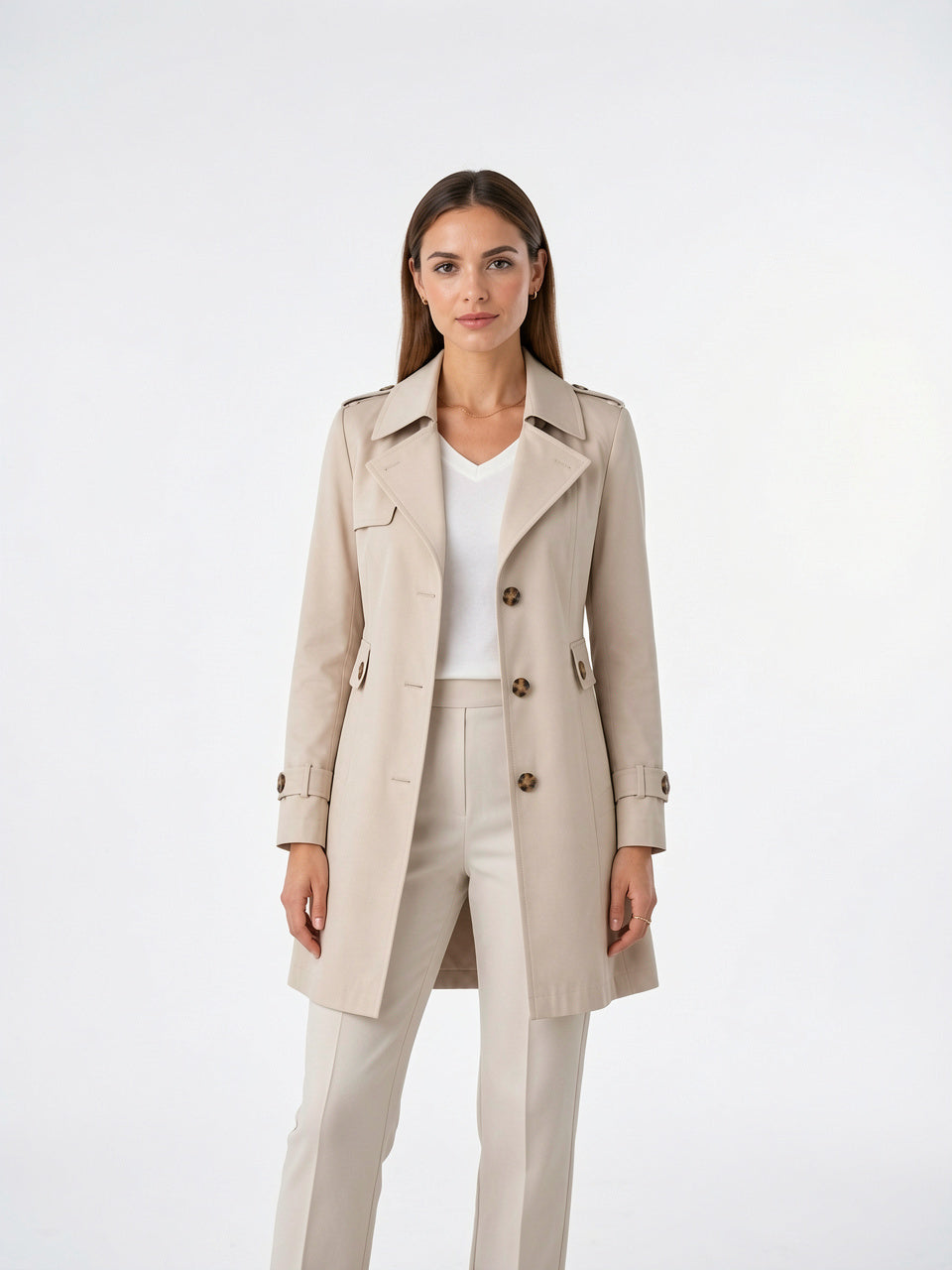 Trench Léger Femme Col Classique Ceinture Veste Midi - Beige S