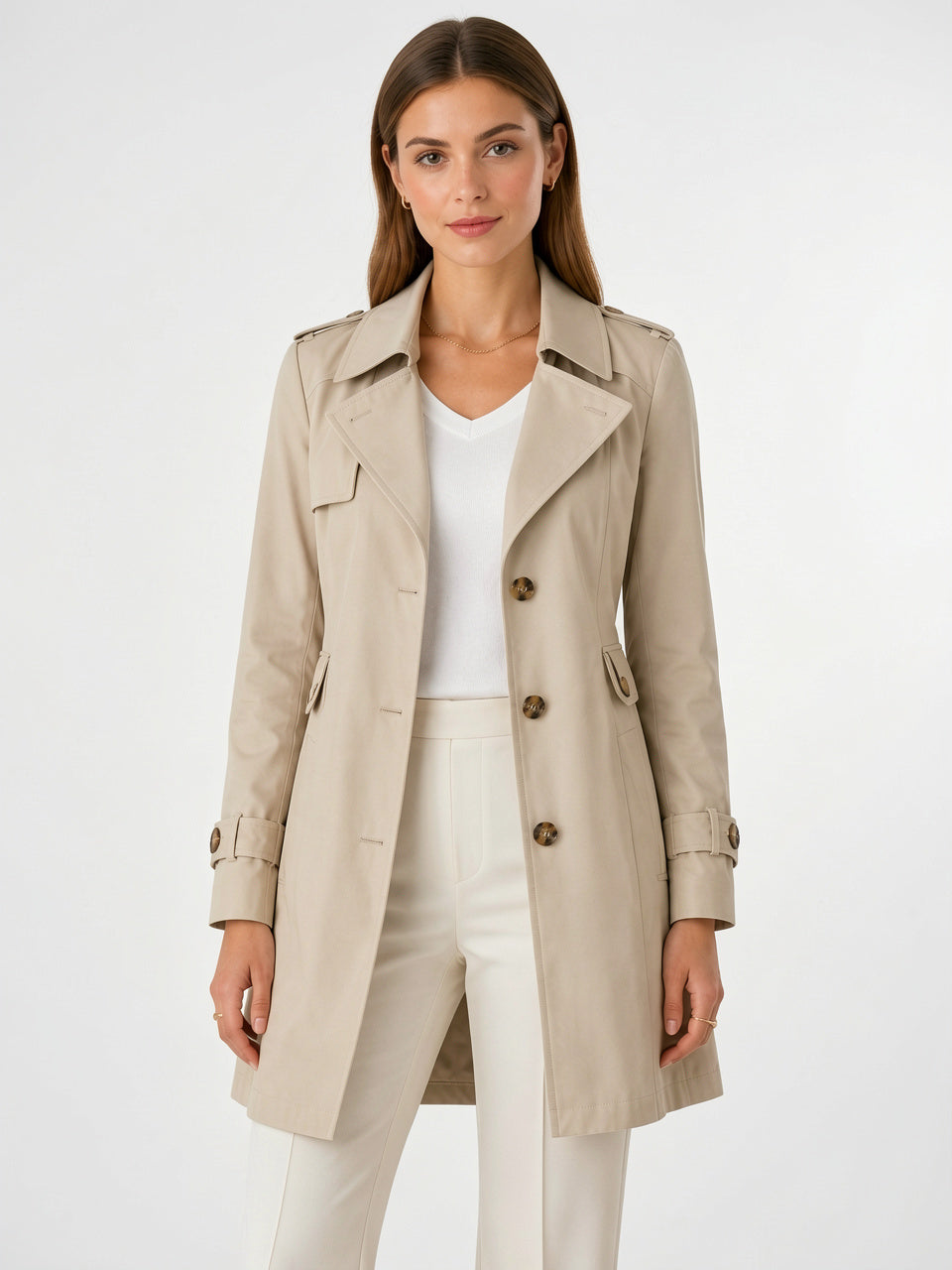Trench Léger Femme Col Classique Ceinture Veste Midi - Kaki S