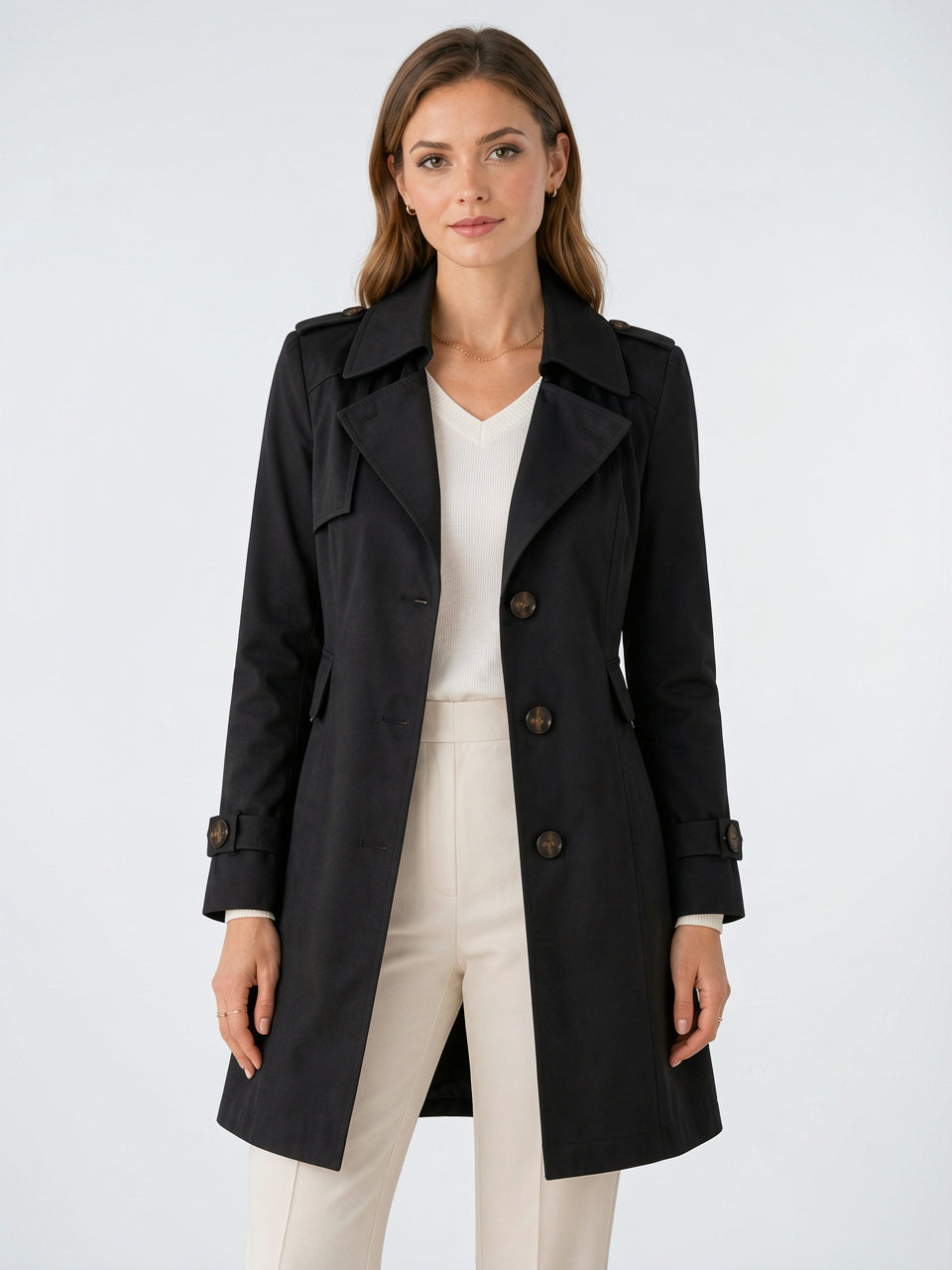 Trench Léger Femme Col Classique Ceinture Veste Midi - Noir S