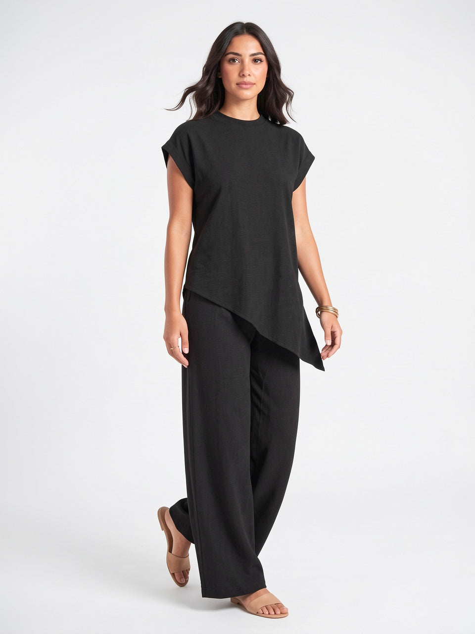 Tunique Asymétrique Col Montant Pantalon Lin Palazzo Femme - 10