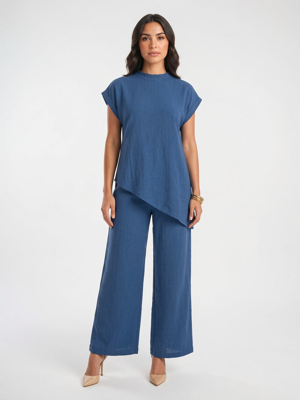 Tunique Asymétrique Col Montant Pantalon Lin Palazzo Femme - 12