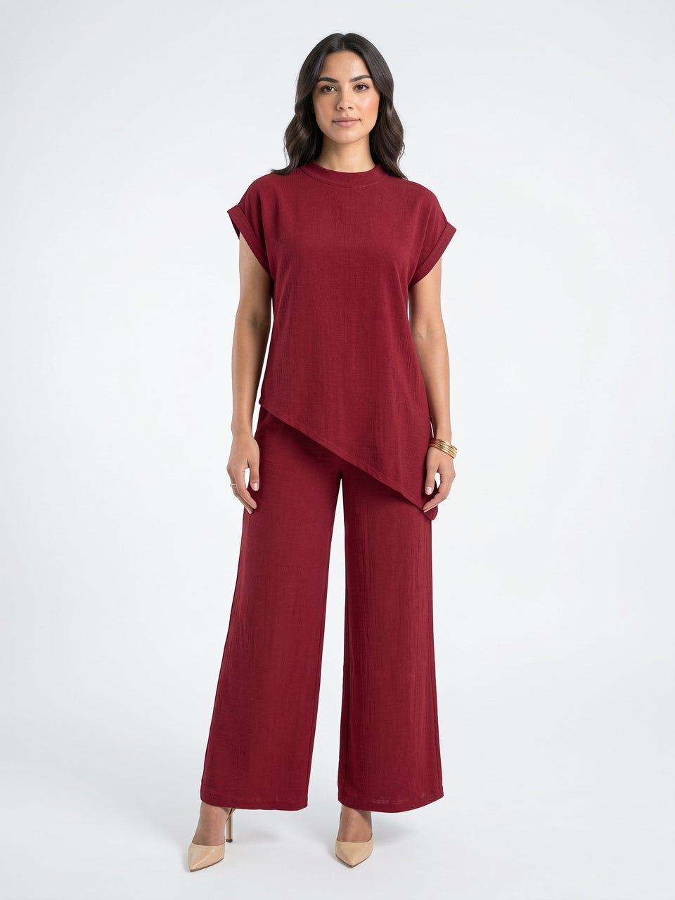 Tunique Asymétrique Col Montant Pantalon Lin Palazzo Femme - 14