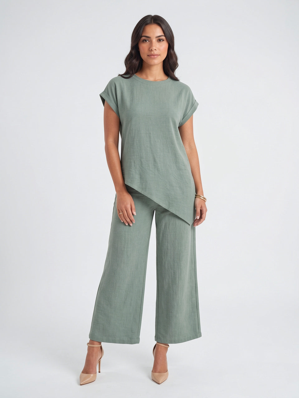 Tunique Asymétrique Col Montant Pantalon Lin Palazzo Femme - 16