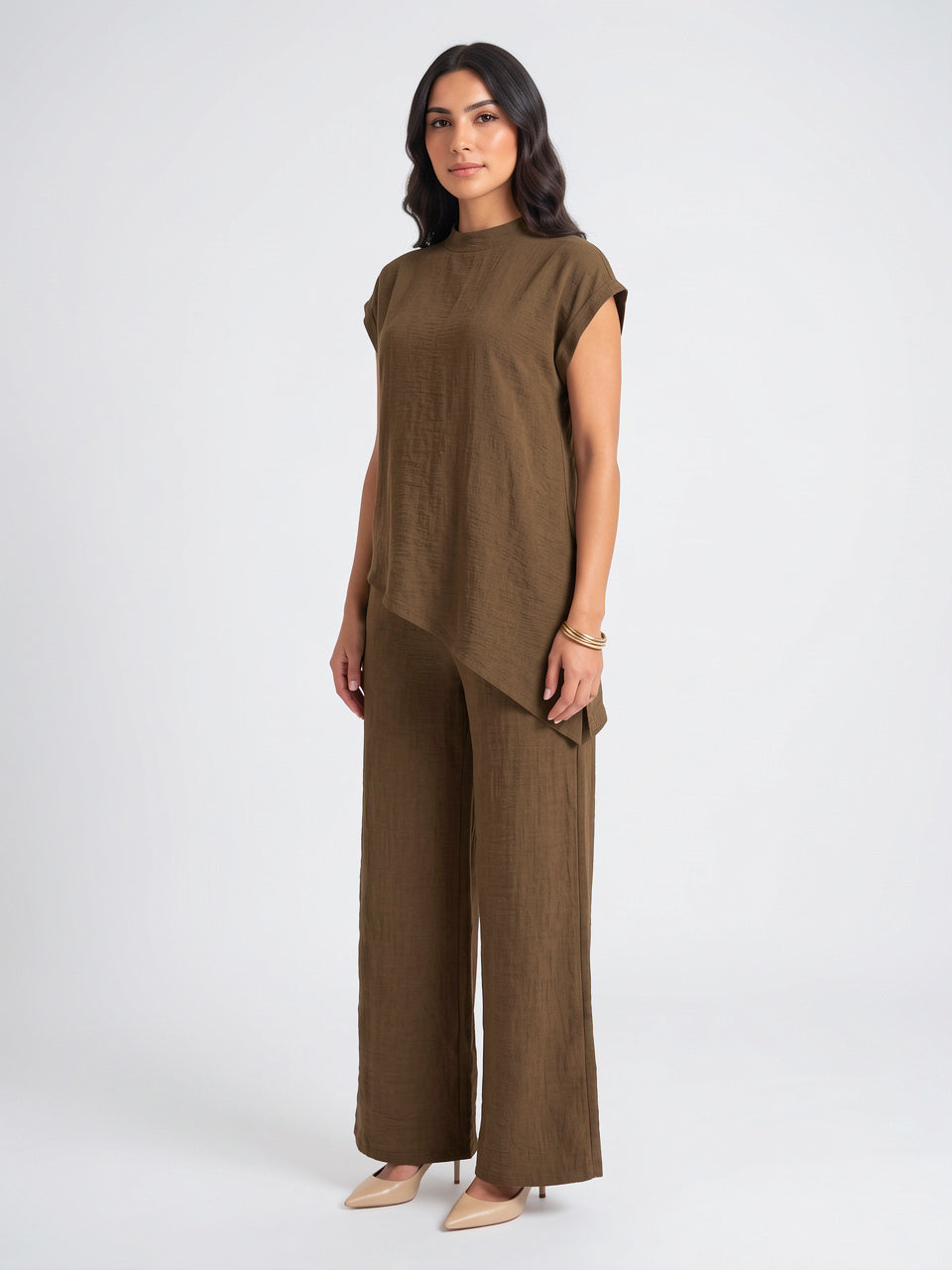 Tunique Asymétrique Col Montant Pantalon Lin Palazzo Femme - 2