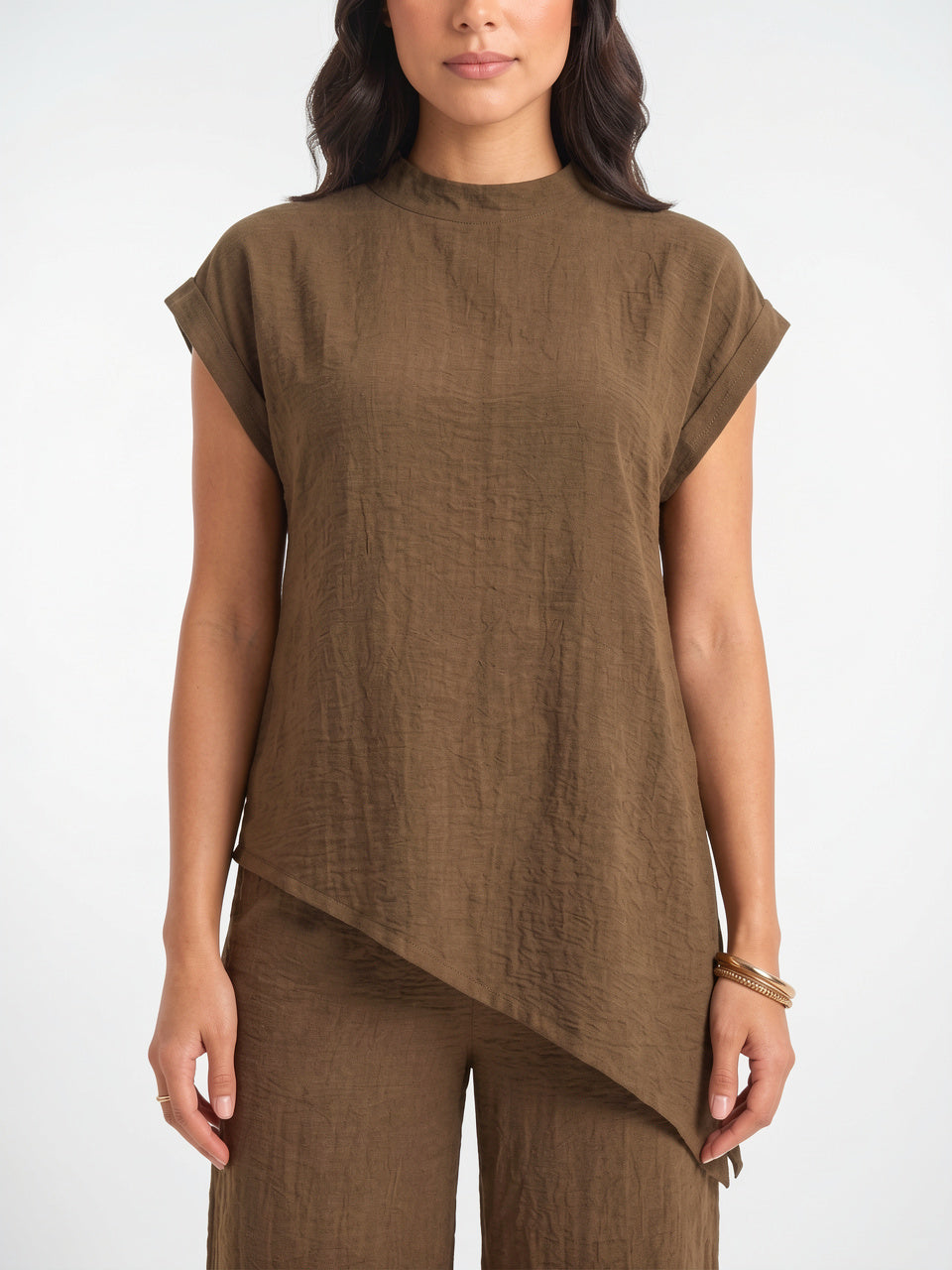 Tunique Asymétrique Col Montant Pantalon Lin Palazzo Femme - 3