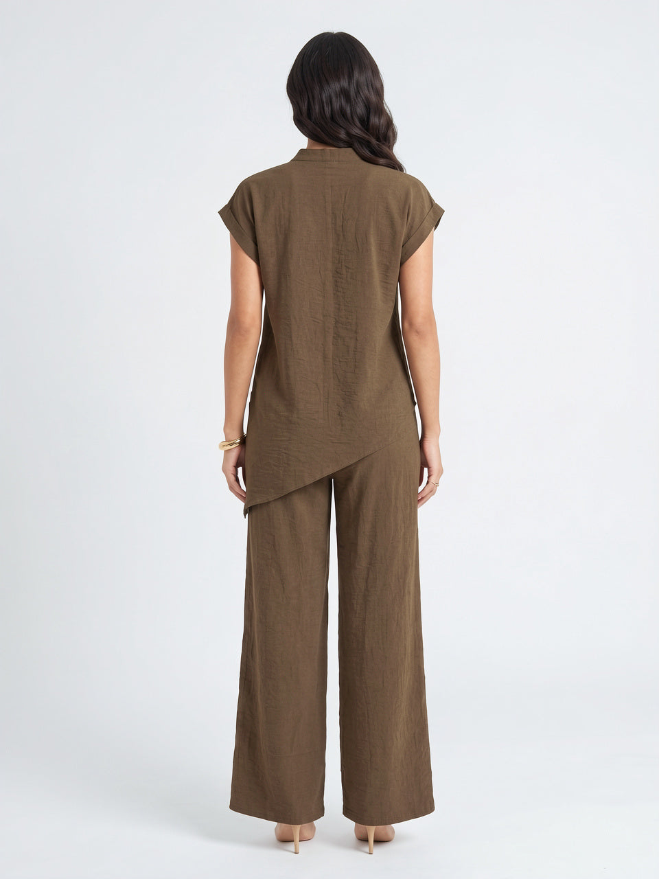 Tunique Asymétrique Col Montant Pantalon Lin Palazzo Femme - 4