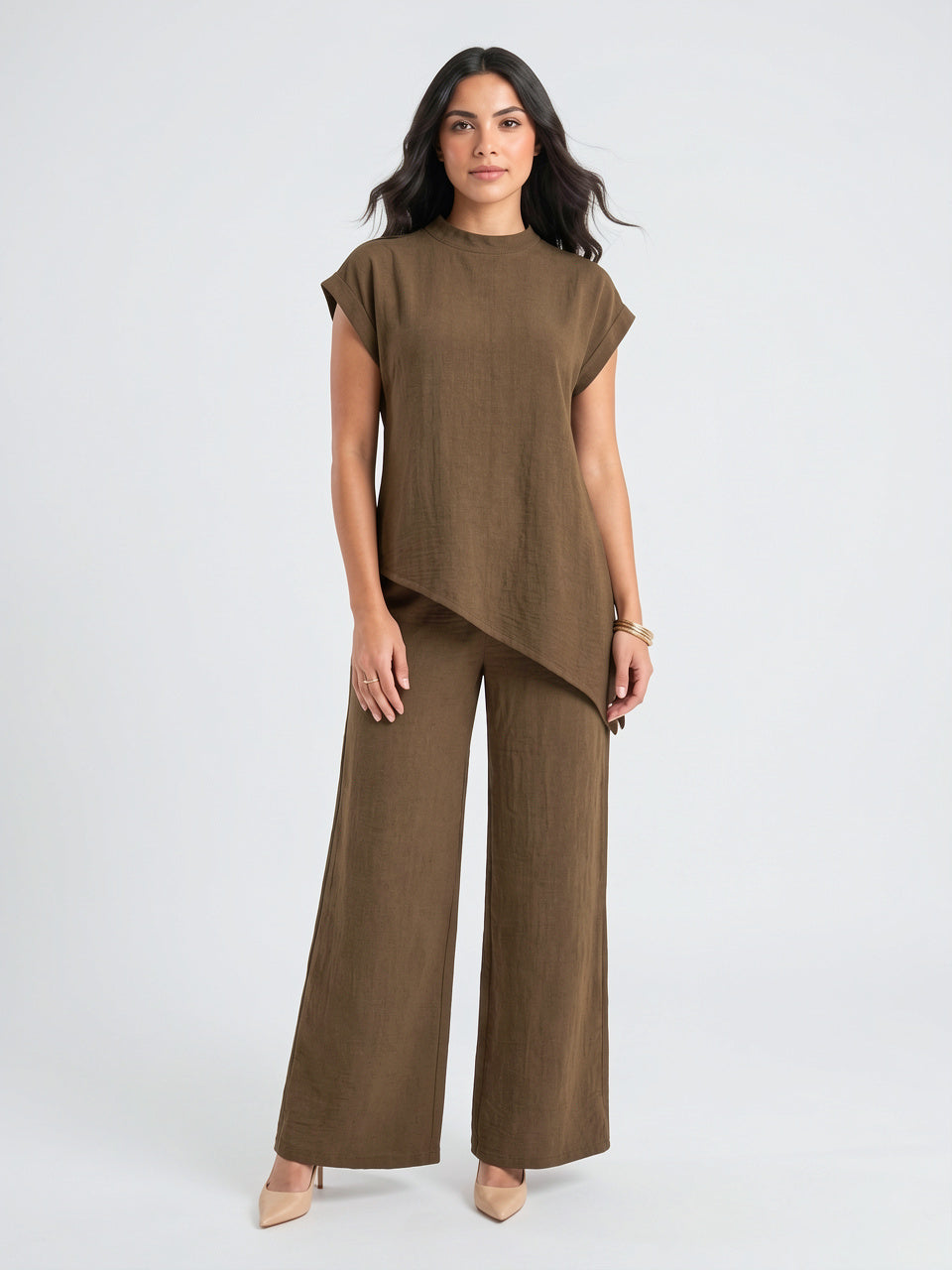 Tunique Asymétrique Col Montant Pantalon Lin Palazzo Femme - 5