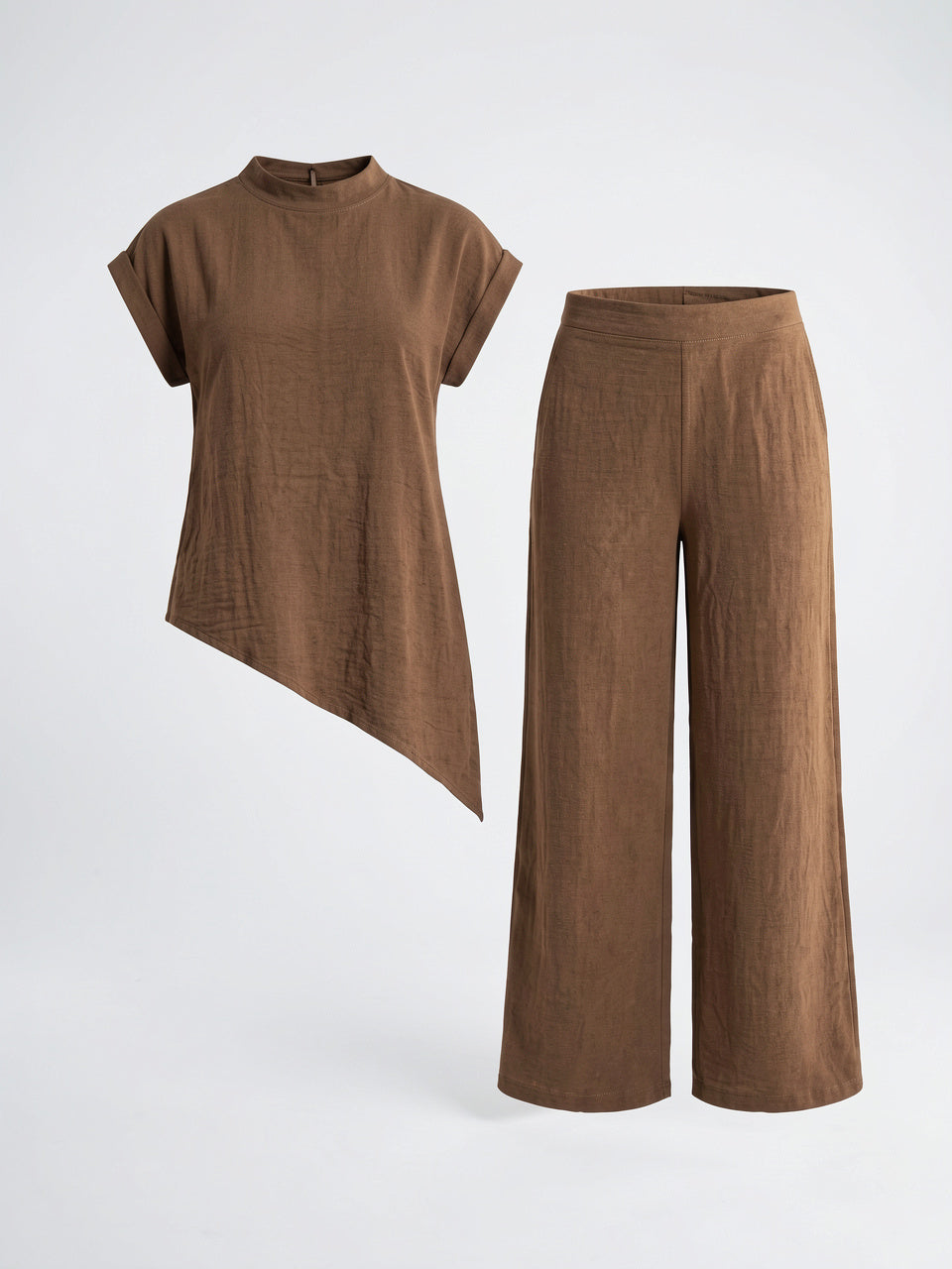 Tunique Asymétrique Col Montant Pantalon Lin Palazzo Femme - 6