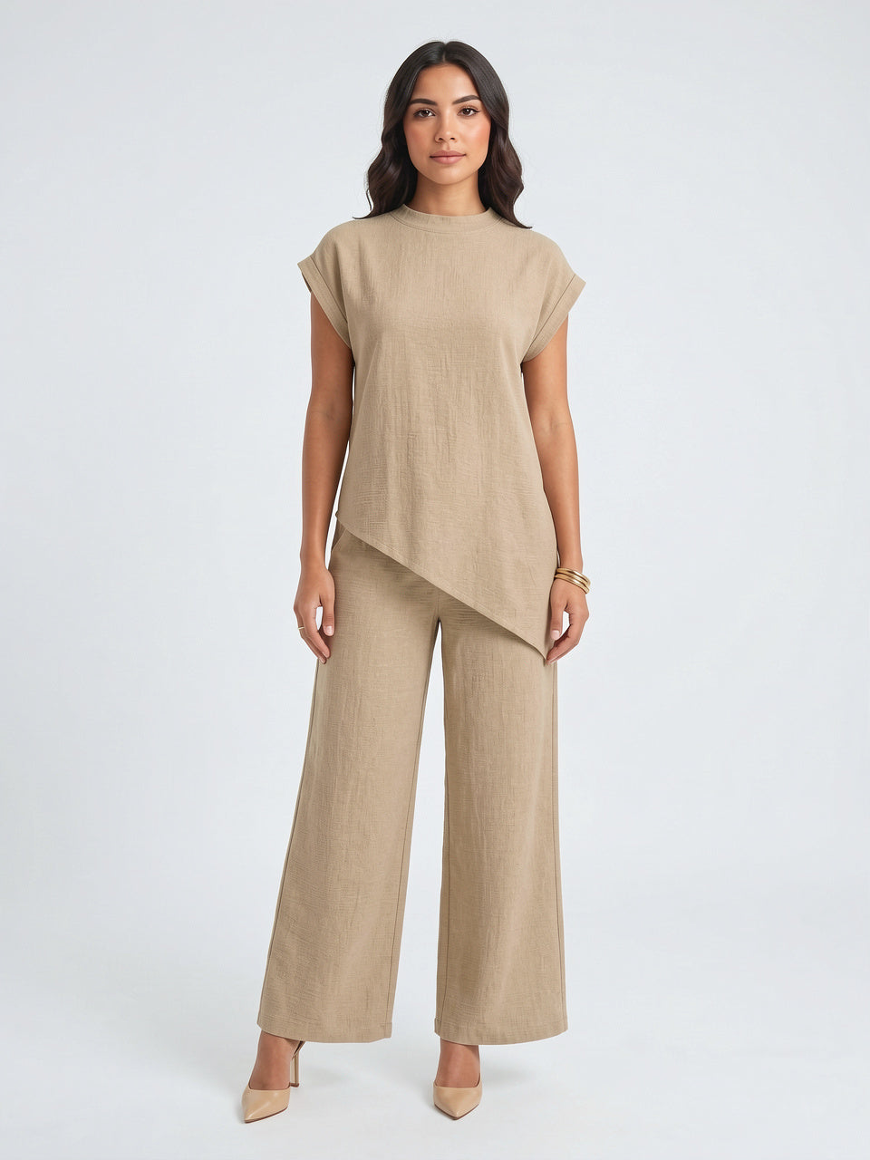 Tunique Asymétrique Col Montant Pantalon Lin Palazzo Femme - 8