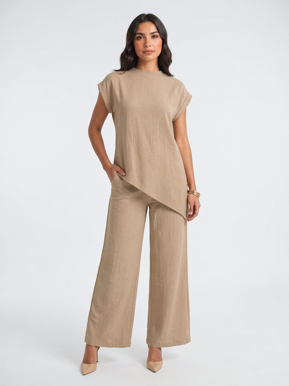 Tunique Asymétrique Col Montant Pantalon Lin Palazzo Femme - Beige S