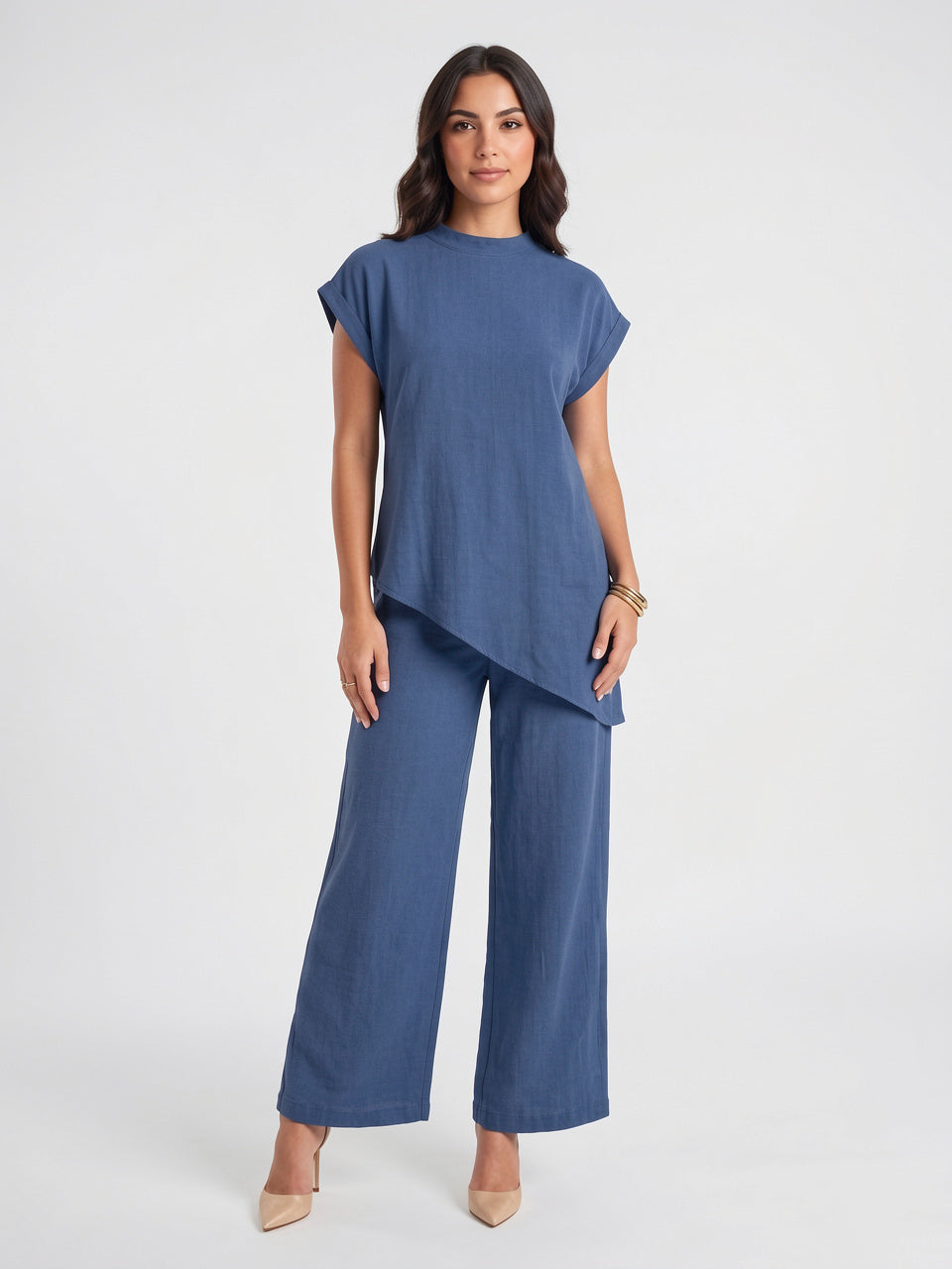 Tunique Asymétrique Col Montant Pantalon Lin Palazzo Femme - Bleu Marine S