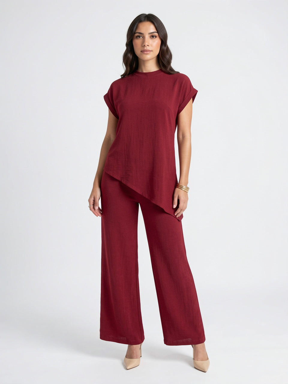 Tunique Asymétrique Col Montant Pantalon Lin Palazzo Femme - Bordeaux S