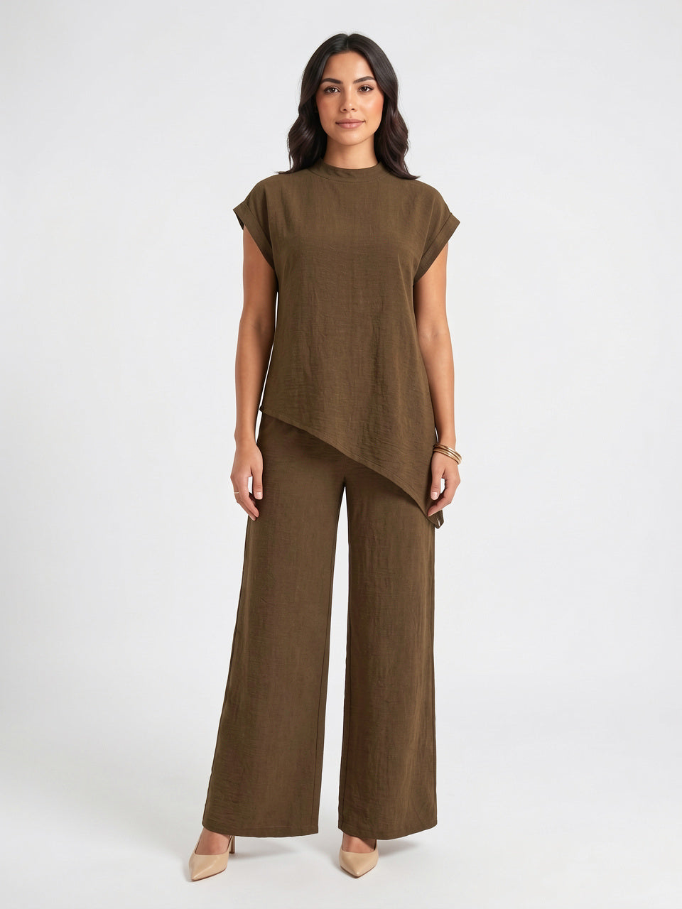 Tunique Asymétrique Col Montant Pantalon Lin Palazzo Femme - Café S