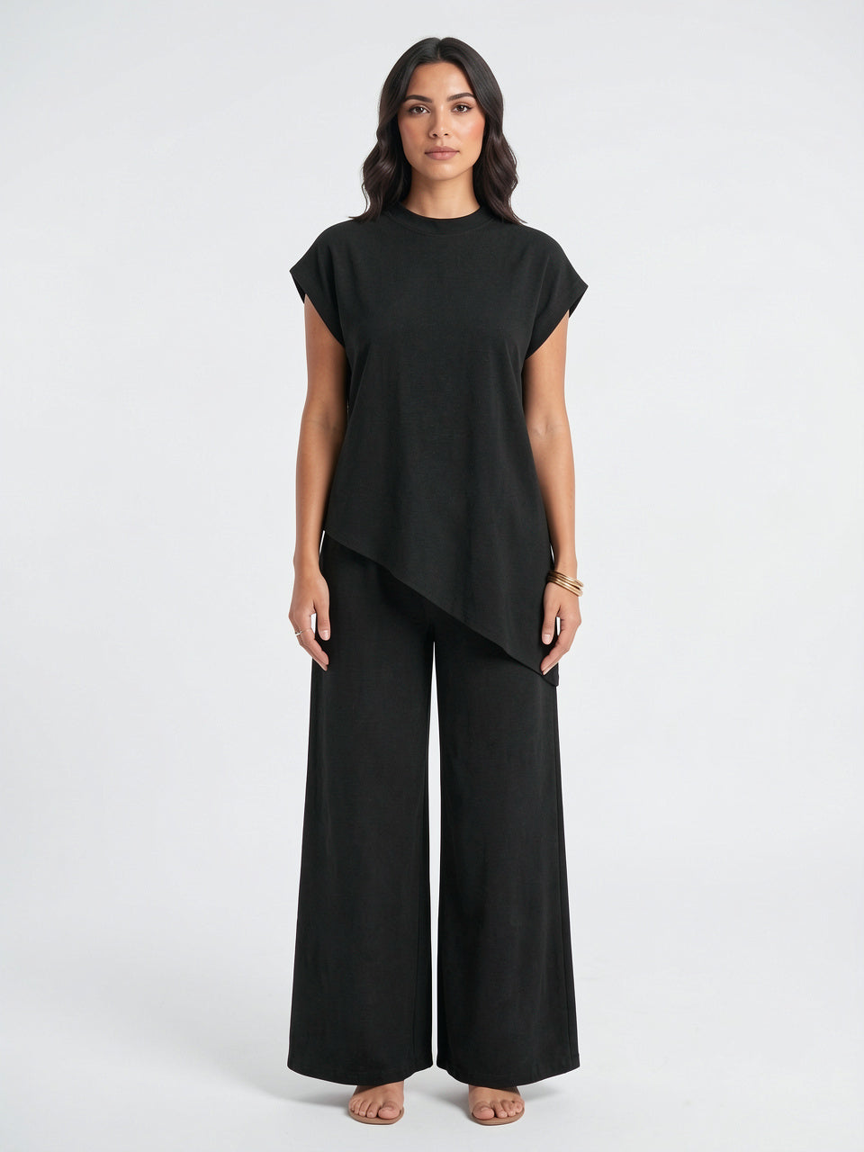 Tunique Asymétrique Col Montant Pantalon Lin Palazzo Femme - Noir S