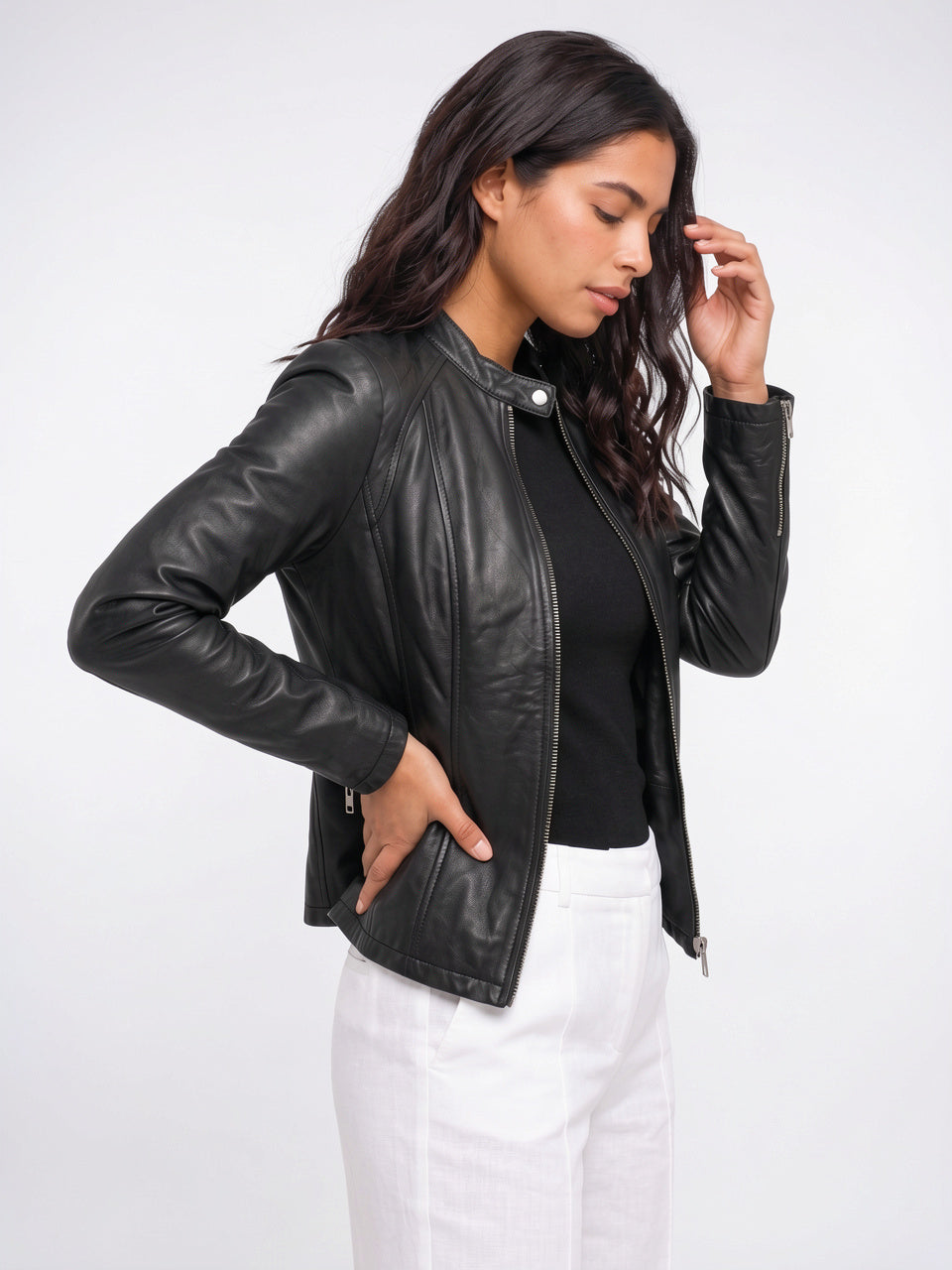 Veste Ajustée Cuir Femme Biker Zippée Slim - 3