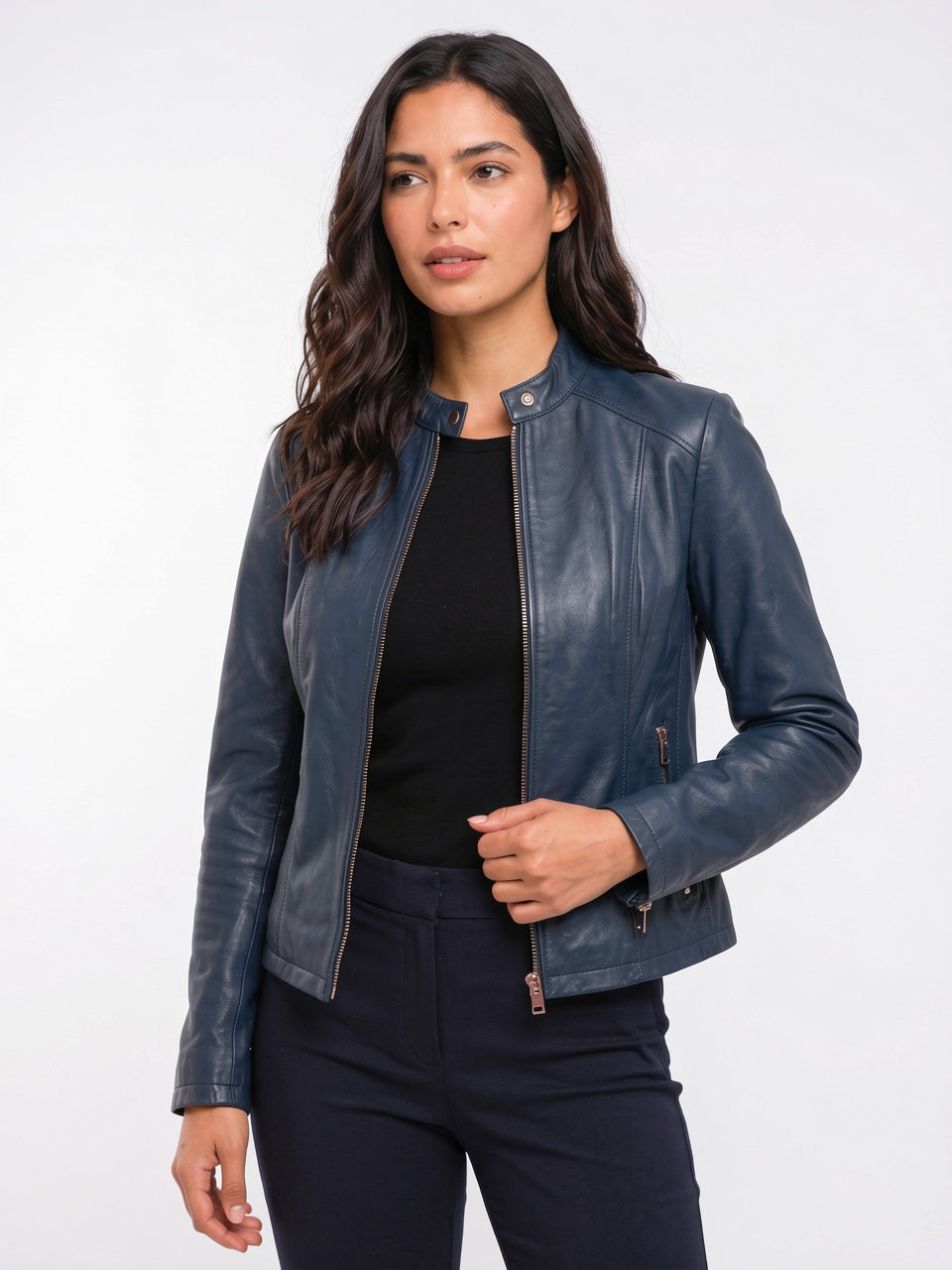Veste Ajustée Cuir Femme Biker Zippée Slim - Bleu Marine S