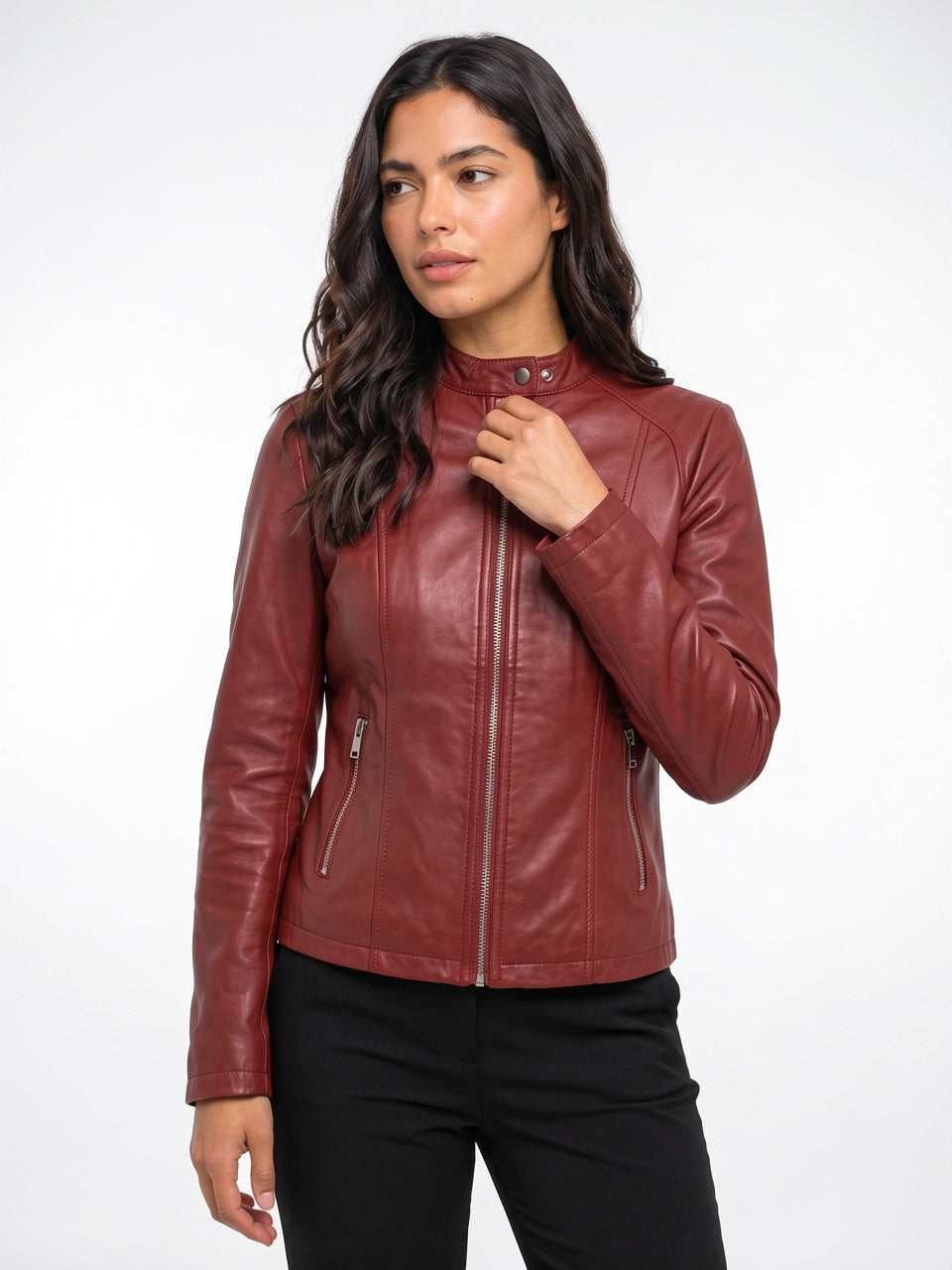 Veste Ajustée Cuir Femme Biker Zippée Slim - Bordeaux S