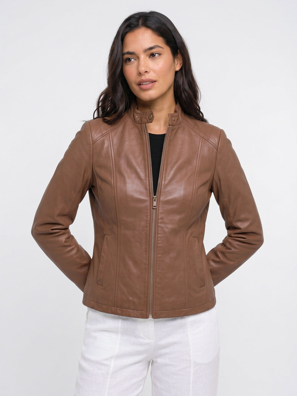 Veste Ajustée Cuir Femme Biker Zippée Slim - Kaki S