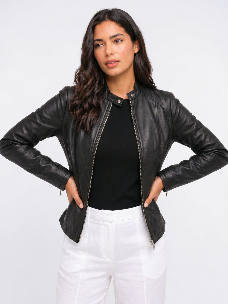 Veste Ajustée Cuir Femme Biker Zippée Slim - Noir S