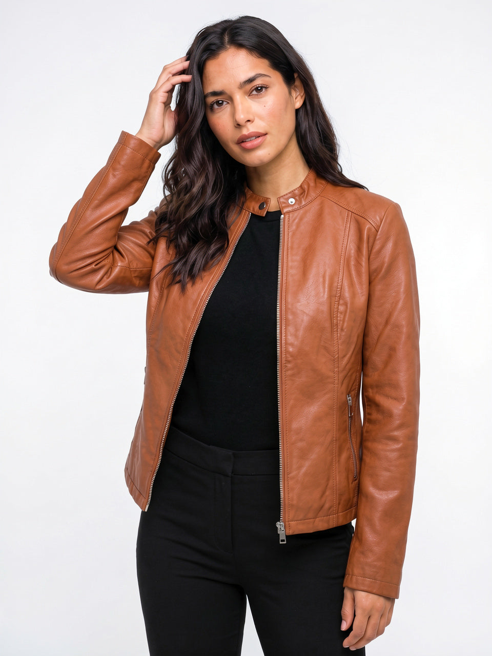 Veste Ajustée Cuir Femme Biker Zippée Slim - Orange S