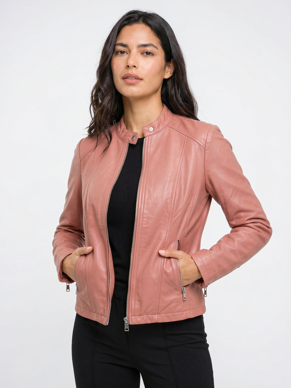 Veste Ajustée Cuir Femme Biker Zippée Slim - Rose S