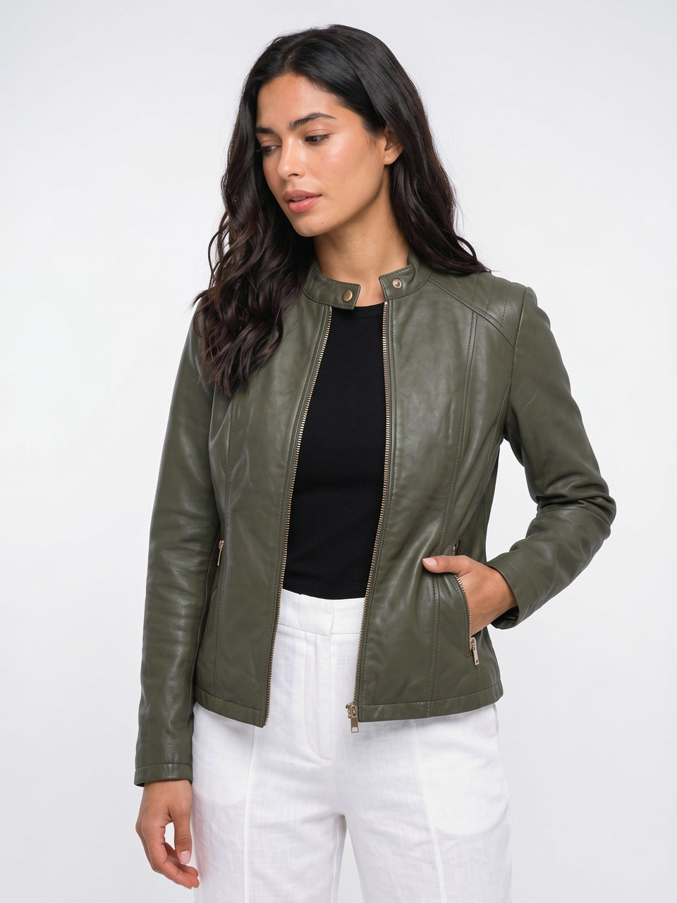 Veste Ajustée Cuir Femme Biker Zippée Slim - Vert Kaki S