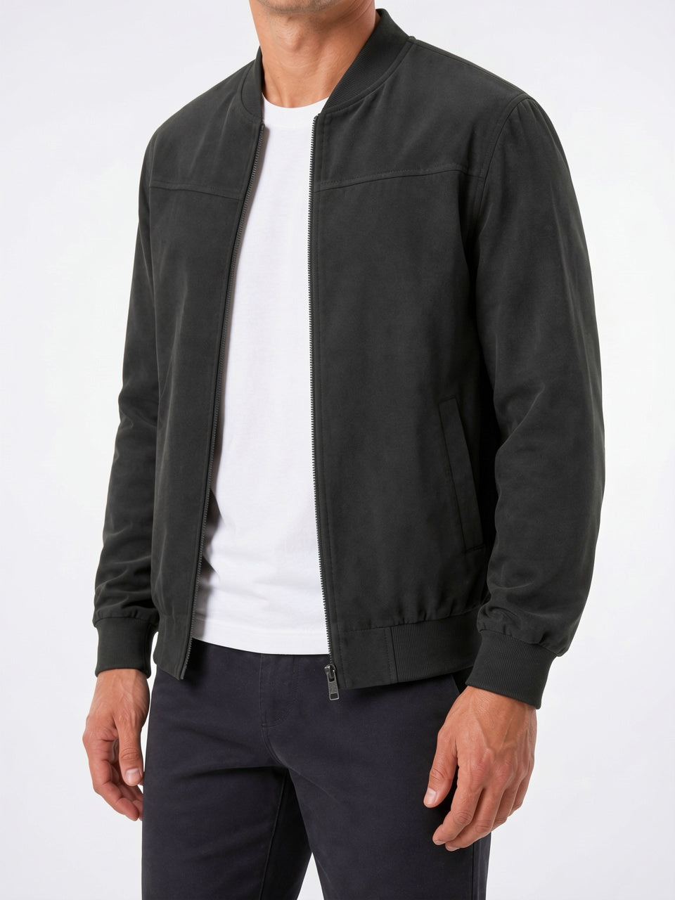 Veste Bomber Daim Homme Zippée Col Côtelé - 4