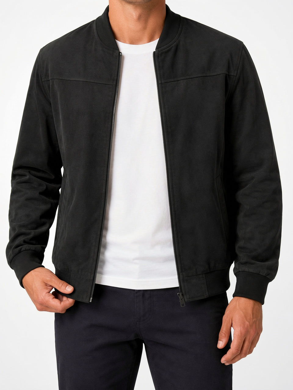 Veste Bomber Daim Homme Zippée Col Côtelé - Noir S
