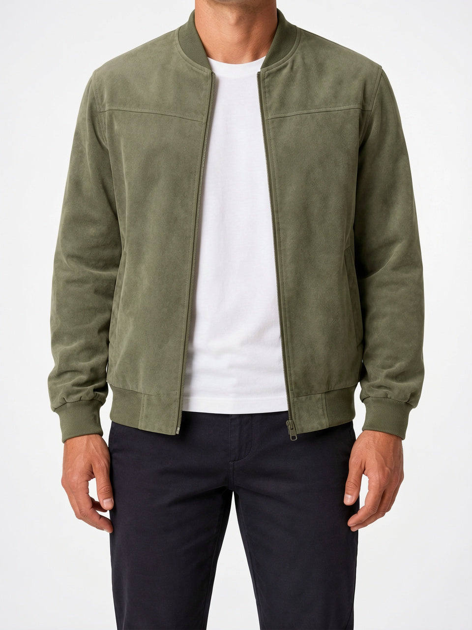 Veste Bomber Daim Homme Zippée Col Côtelé - Vert S