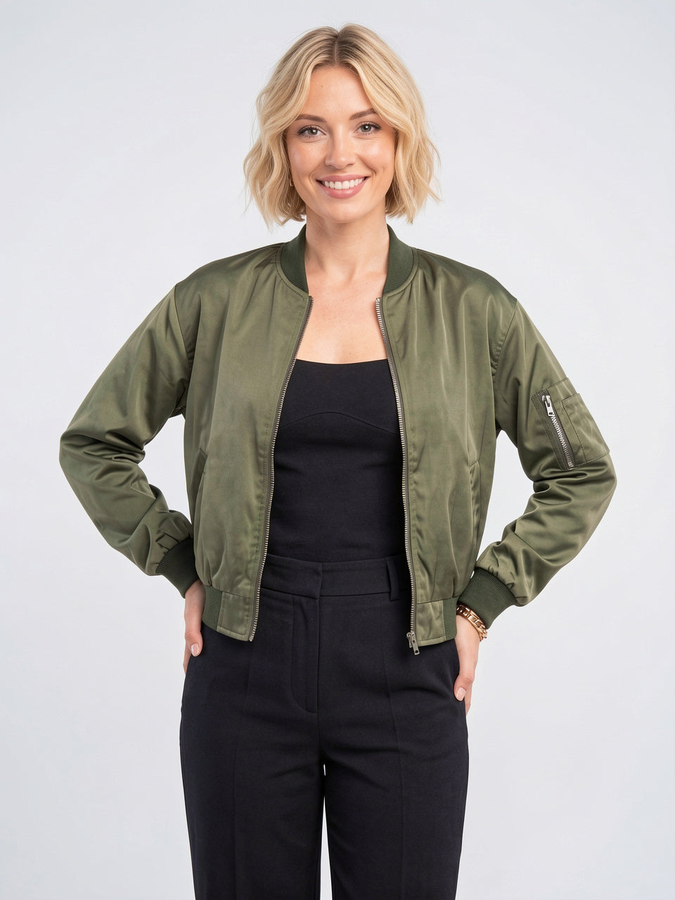 Veste Bomber Femme Zippée Légère Nylon Col Côtelé - Vert S