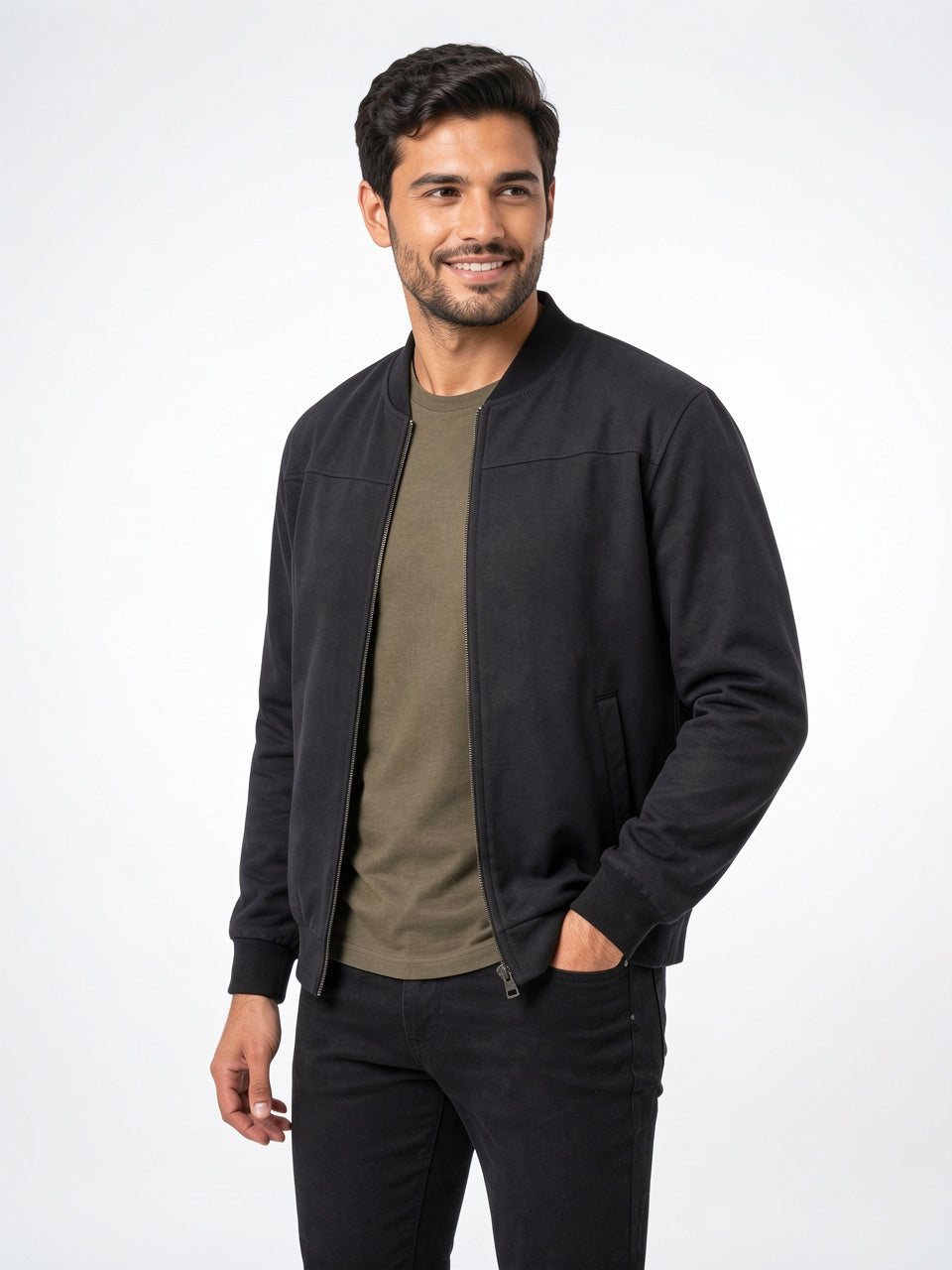 Veste Bomber Léger Homme Zippée Col Côtelé Quotidien - Noir S