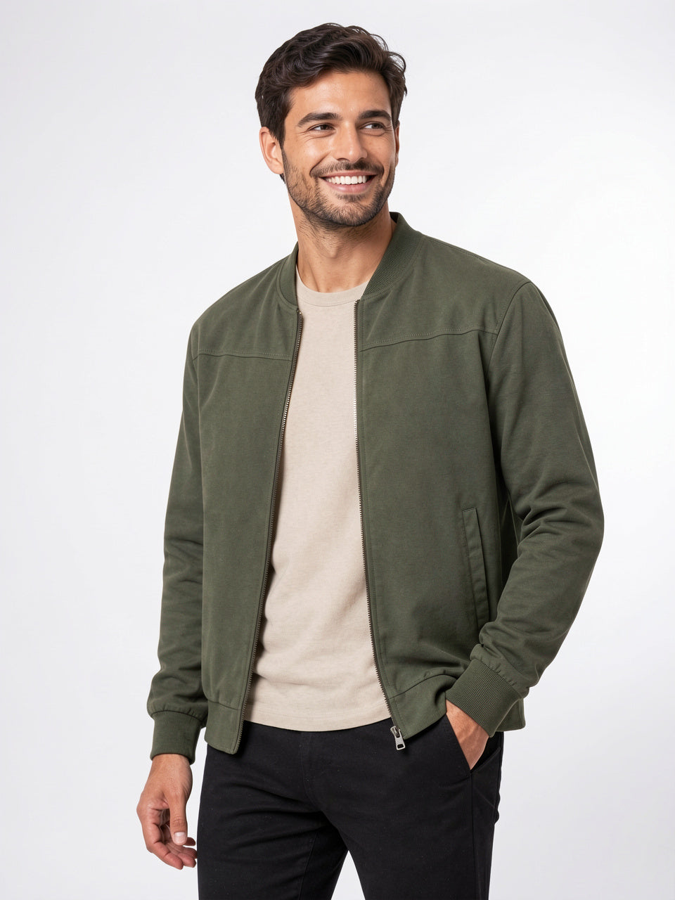 Veste Bomber Léger Homme Zippée Col Côtelé Quotidien - Vert Kaki S
