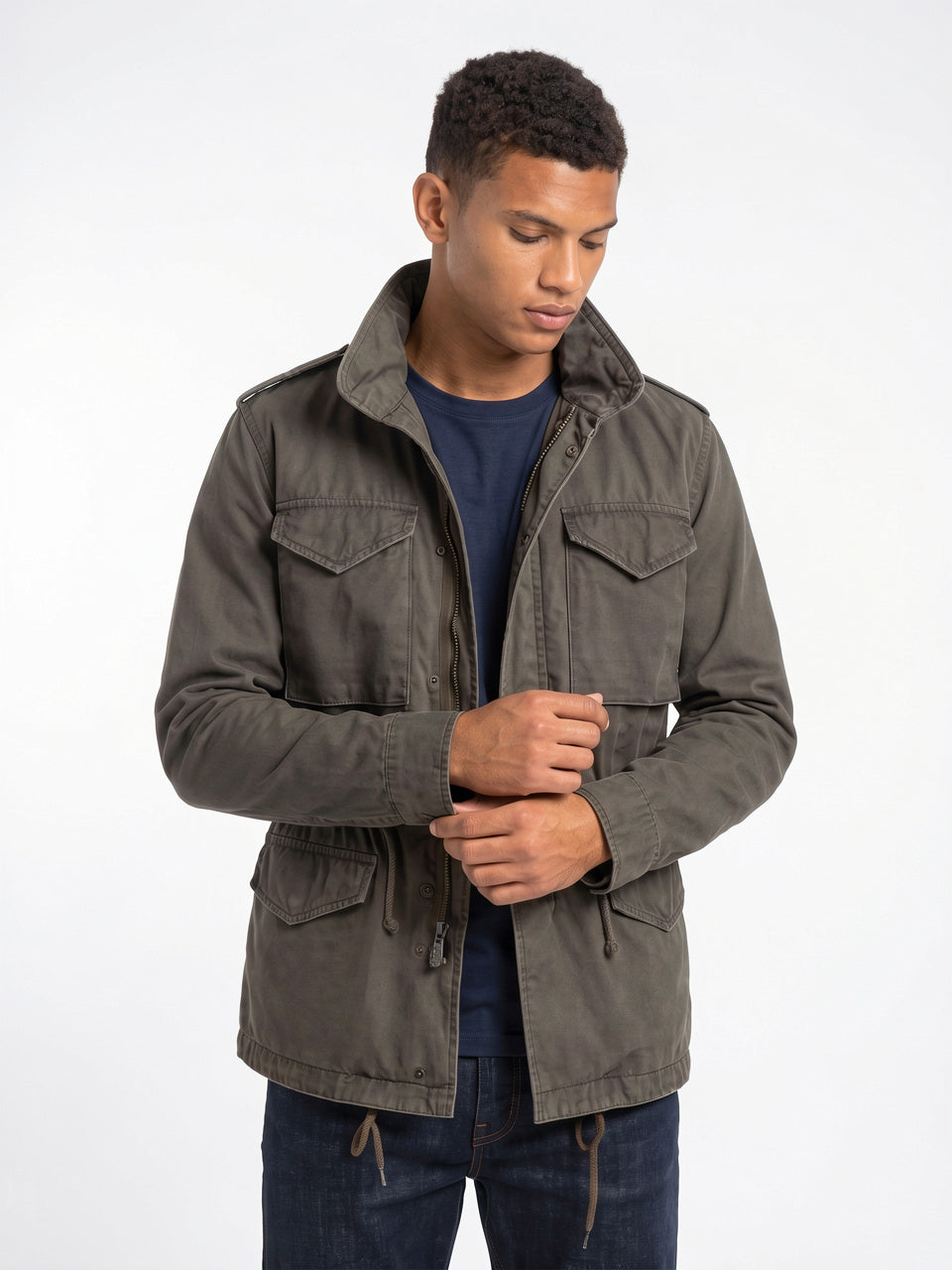 Veste Cargo Homme Vintage Militaire Col Montant - Noir S
