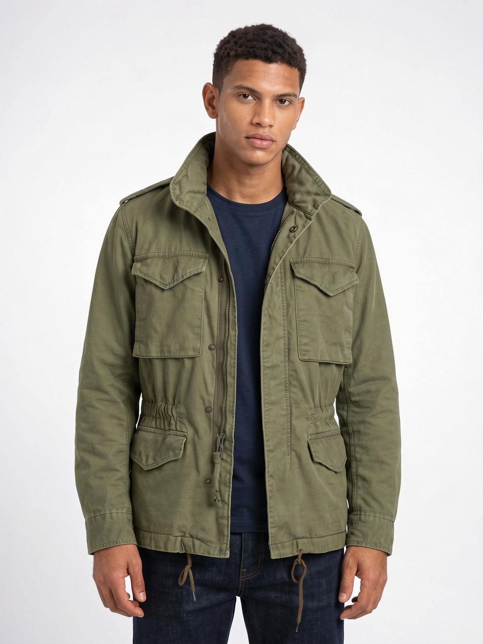 Veste Cargo Homme Vintage Militaire Col Montant - Vert S